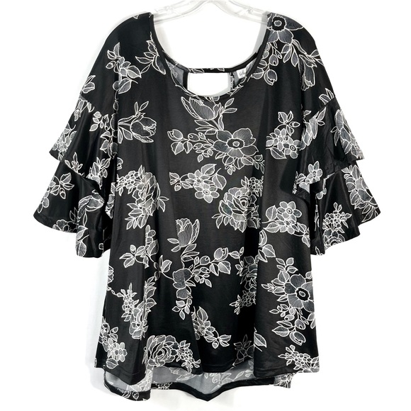 Stem & Vine Tops - Stem & Vine Black & White Textured Floral Ruffle Sleeve Plus Size Blouse 2X